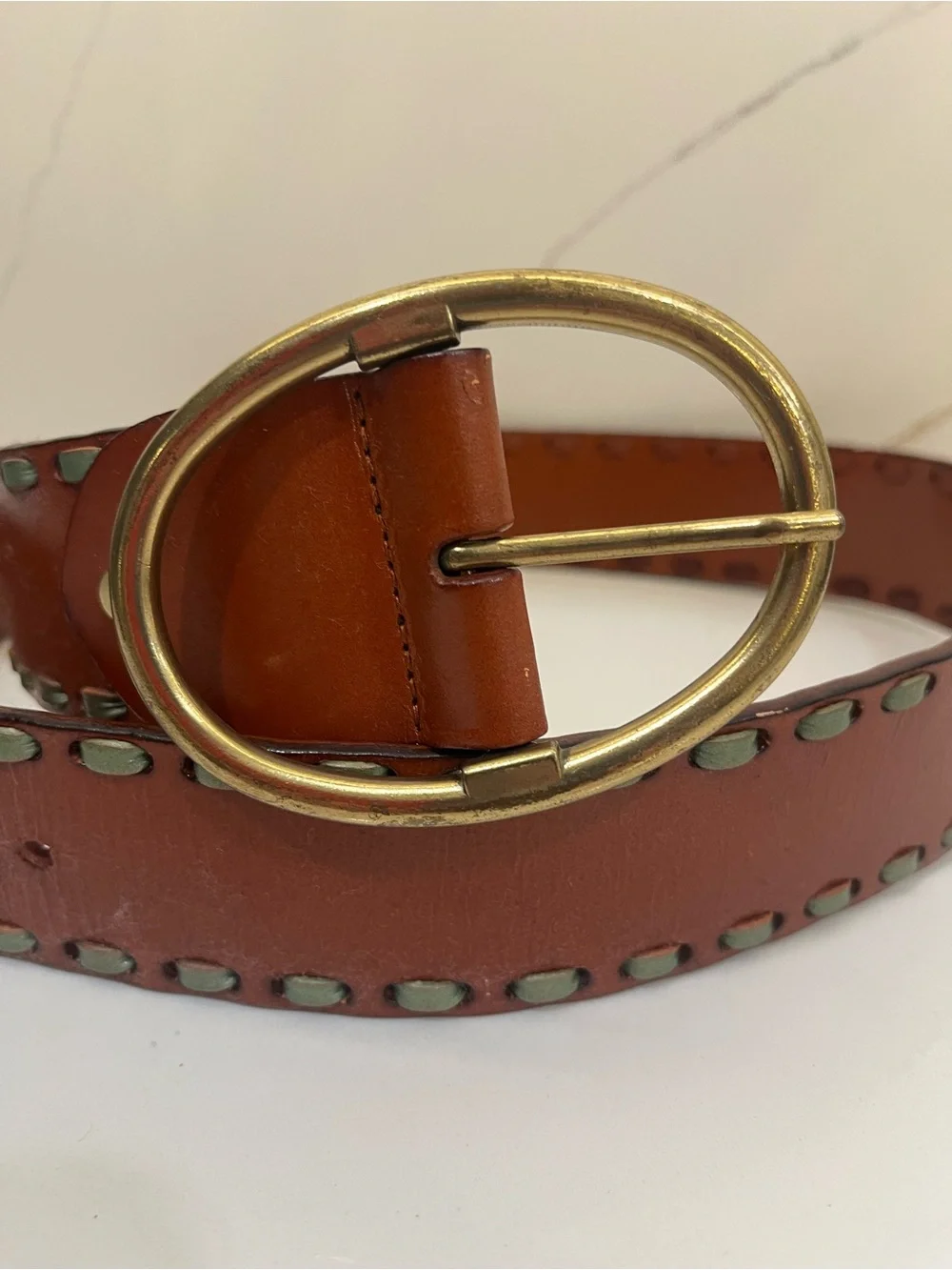 Genuine Leather Brown Statement Belt with Brass Oval Buckle